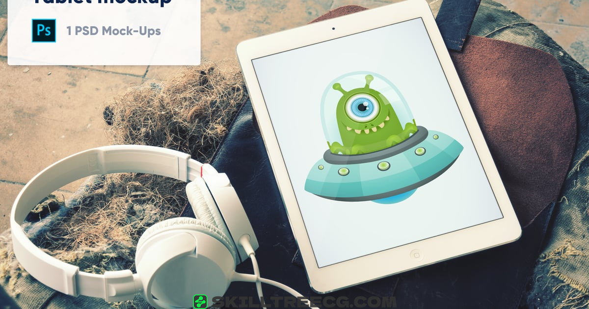 Tablet with Headphones on Leather Case PSD Mockup（378279）-技能树